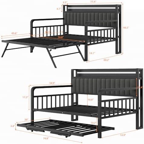Daybed with Trundle and LED Light, Heavy Duty Metal Twin Bed Frame with Upholstered Storage Headboard & Charging Station, Day Bed Pop Up Trundle Bed Twin for Living Room,Bedroom and Guest Room (Black)