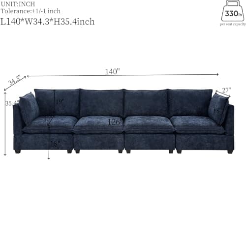 Oversized Chesterfield U-Shaped Couch with Ottomans & Chaise, 6 Seat, Blue Linen Fabric