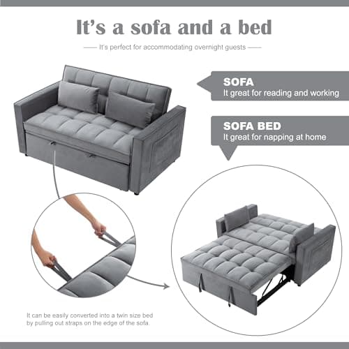 55" Convertible Velvet Sleeper Sofa Bed with Storage | Grey