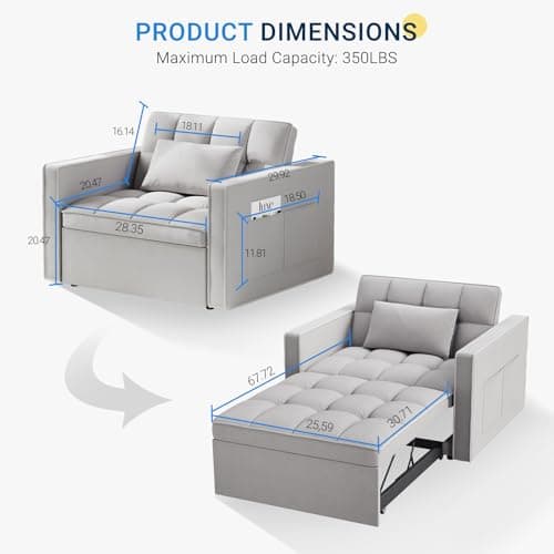 Avenco 3-in-1 Sleeper Sofa Chair Bed, 3-Level Adjust, Velvet Fabric, Grey