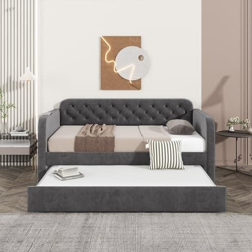 Dark Grey Velvet Upholstered Twin Size Daybed with Trundle and USB Port
