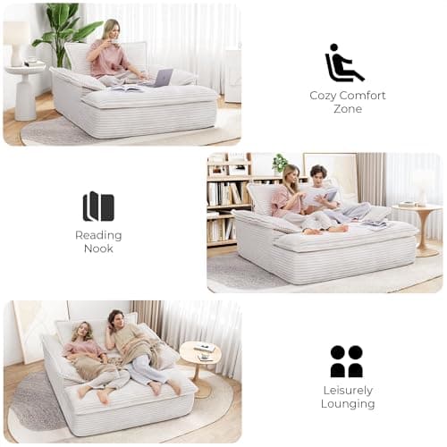 LIKIMIO Oversized Chaise Lounge Chair Sofa Bed - Plush Corduroy Upholstered Reading Chair, Cloud Couch for Living Room (Beige)