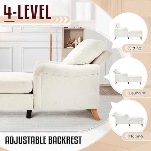 Modern Indoor Chaise Lounge Chair with Adjustable Backrest and Sturdy Legs - White