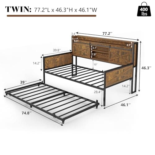 AMERLIFE Rustic Brown Twin Daybed with Trundle, Sliding Barn Door Headboard & Charging Station
