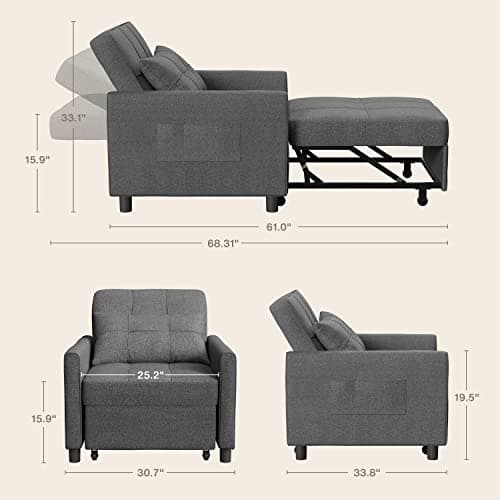 3-in-1 Convertible Futon Sofa Recliner, Dark Grey Linen Fabric Bed for Living Room Apartment