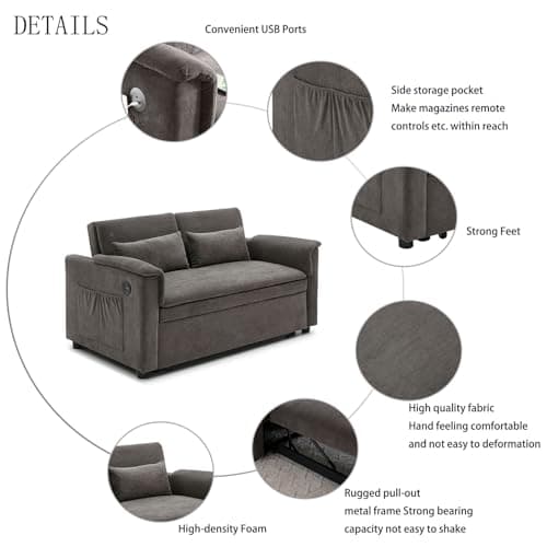 Antetek Grey Comfy Velvet Convertible Sleeper Sofa Bed with Adjustable Backrest