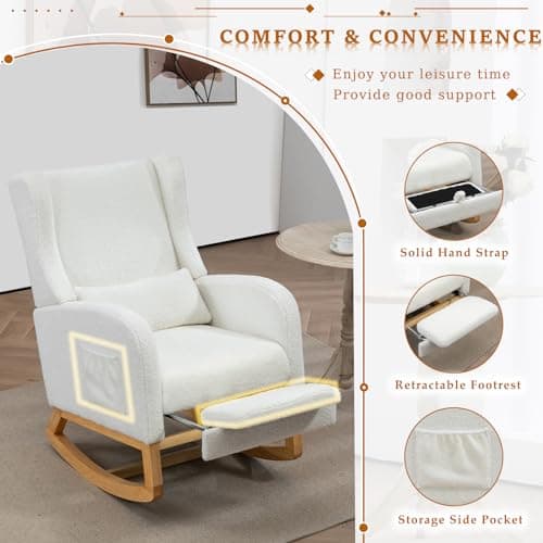Ivory Comfortable Rocking Chair with Foot Rest for Nursery and Relaxing