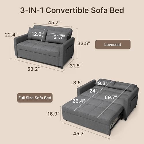 Gizoon 3-in-1 Convertible Futon Sofa Bed, Dark Grey