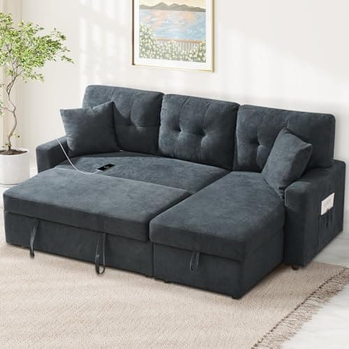Ink Blue L-Shape Sofa with Storage & Pull-Out Bed USB Ports
