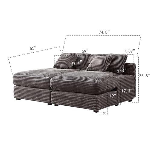 Oversized Grey Corduroy Chaise Lounge with 6 Pillows for Living Room and Bedroom
