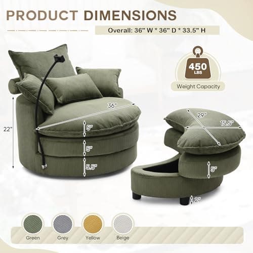 Modern Green Swivel Chair with Phone Holder & Storage Ottoman, Corduroy Upholstered