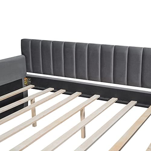 Upholstered Daybed with Trundle and Wood Slat Support, Gray