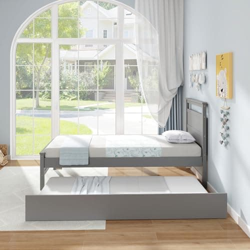 Giantex Wood Day Bed Twin with Headboard & Slats Support, Grey