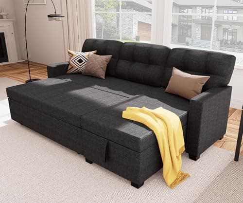 DeepGrey Linen Reversible Sectional Sleeper Couch with Storage and Pull-Out Bed