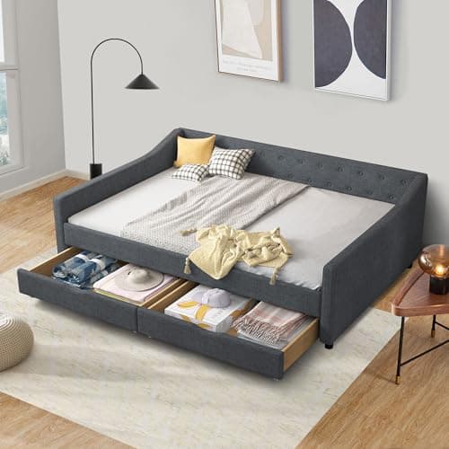 Linen Upholstered Ball & Cast Daybed, Dark Grey, 2 Storage Drawers