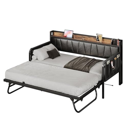 LIKIMIO Grey Twin Daybed with Trundle Bed and Storage Headboard for Living Room, Bedroom, and Guest Room, Strong Supports and Charging Station