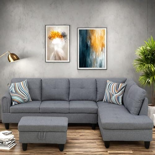 L-Shaped Couch with Chaise, 6 Seat Modern Living Room Sectional in Black/Grey with Storage