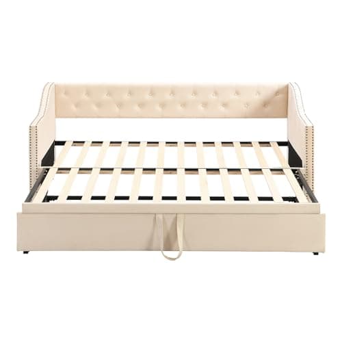 Beige Twin Upholstered Daybed with Pop-up Trundle Bed