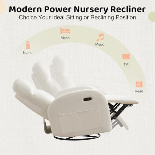 Cream White Power Recliner Glider with USB Ports & Double Pockets