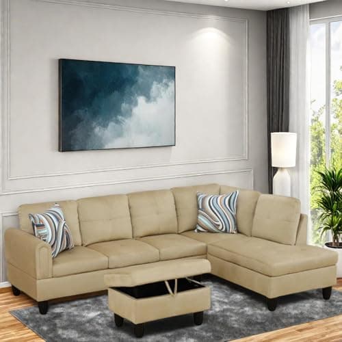 L-Shaped Couch with Chaise, 6 Seat Modern Living Room Sectional in Black/Grey with Storage