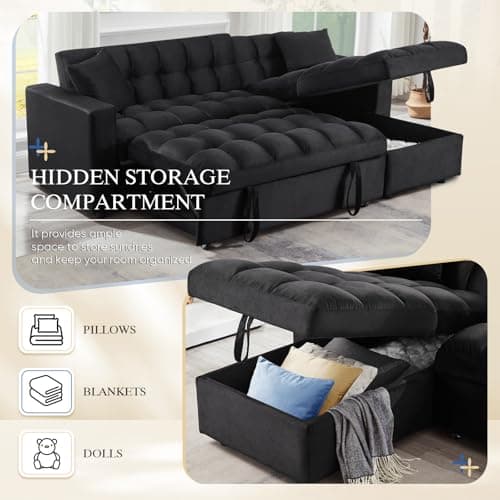 82-inch Black L-Shaped Velvet Tufted Sectional Sleeper Sofa