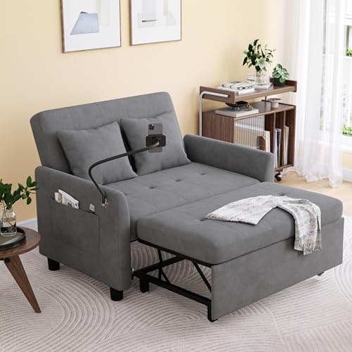 3-in-1 Convertible Sleeper Sofa Bed, Grey Velvet Love Seat with Pillow and Phone Holder
