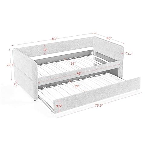 Twin Size Daybed with Trundle, Boucle Fabric, Grey, Easy Assembly