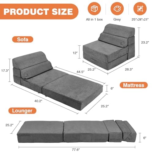 Grey Foldable Sofa Bed - Comfortable Living Room Sleeper Chair Couch