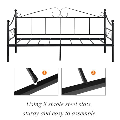 Black Metal Twin Daybed Frame with Headboard, Mattress Support for Living Room Sofa Bed