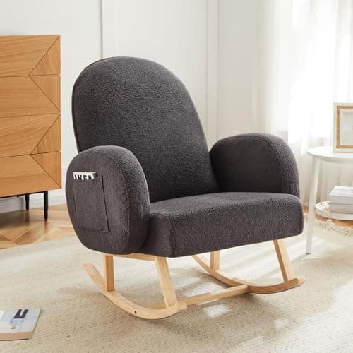 Rubber Wood Leg Rocking Chair with Side Pocket for Living Room, Bedroom, Nursery