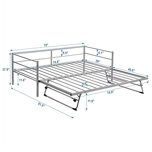 Merax Twin Size Adjustable Metal Daybed with Pop Up Trundle, Steel Slats Support, Silver
