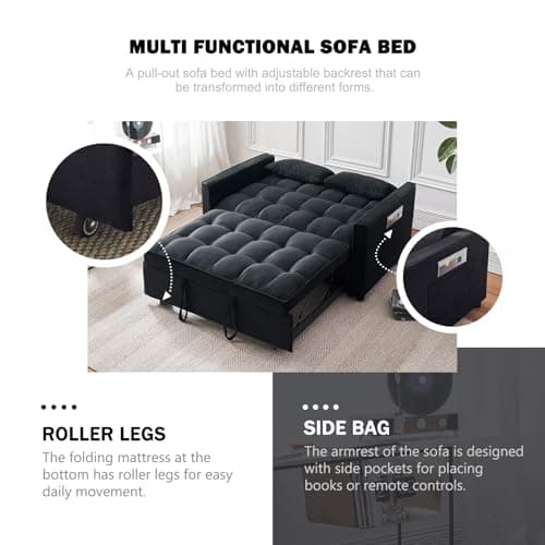 3-in-1 Velvet Sleeper Sofa Bed with Armrests & Storage, Adjustable Backrest, Black