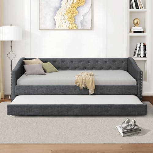 Linen Upholstered Ball & Cast Daybed, Dark Grey, 2 Storage Drawers