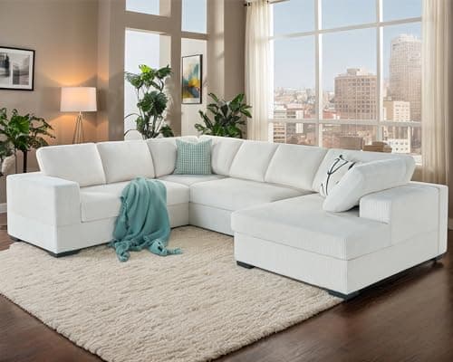 121 Inch U-Shaped Chaise Sofa,_off-white Corduroy Sectional