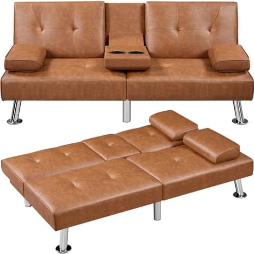 Yaheetech Light Gray Reversible Couch Bed with Removable Arms & Cup Holders