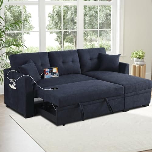 Ink Blue L-Shape Sofa with Storage & Pull-Out Bed USB Ports