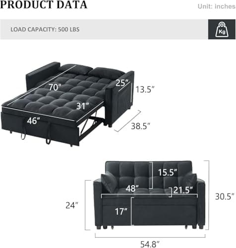 3-in-1 Black Sleeper Sofa Bed with Adjustable Backrest