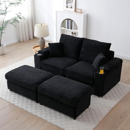 Modern Upholstered Blue Chaise Longue with Cup Holders & Storage Ottoman