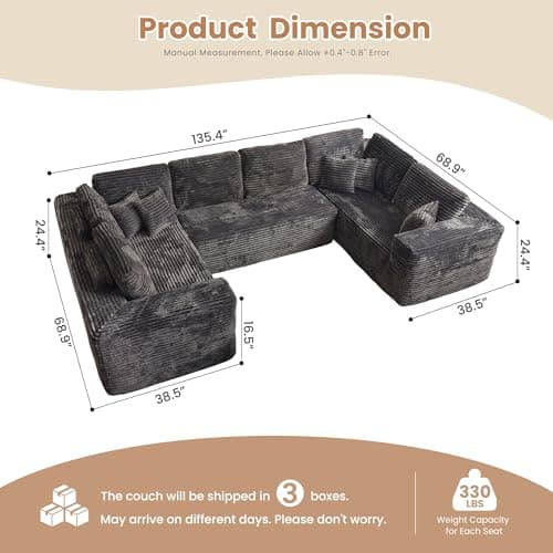 HOOOWOO Cloud Modular Sectional Couch, No Assembly, Gray Plush Corduroy