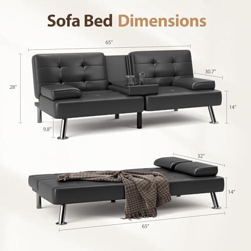Shahoo Black Faux Leather Convertible Futon Sofa Bed for Living Room