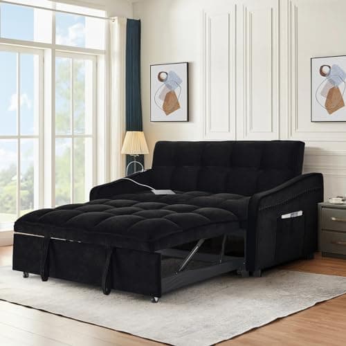 Modern 3-in-1 Sleeper Sofa with USB & Type C Port, 52 Small Velvet Loveseat Bed for Small Spaces - Blue