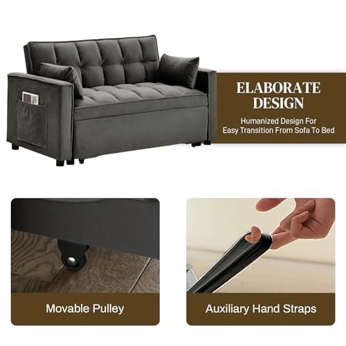 Dark Grey Velvet 3-in-1 Sleeper Sofa Bed with Adjustable Backrest and Storage Pockets
