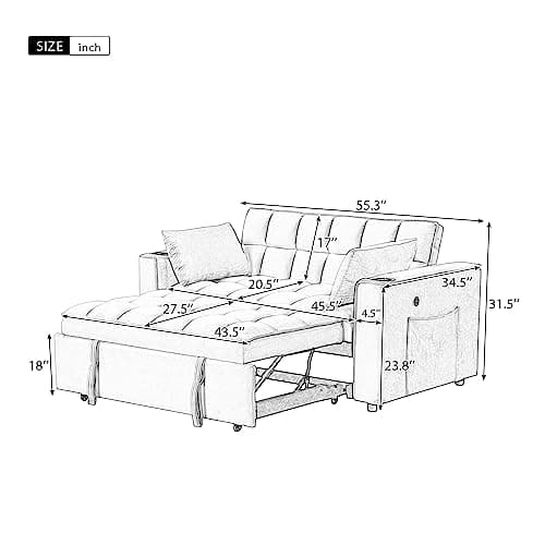 Modern Upholstered Pull Bed Sleeper with Reclining Backrest, Black Futon Love Seat for Living Room