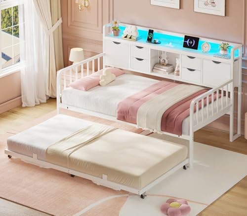 ADORNEVE Height Adjustable Metal Twin Day Bed with Storage and Charging Station, Living Room and Bedroom Daybed for Kids and Adults, Black  
ADORNEVE Twin Day Bed with Trundle and Storage Headboard, Perfect for Kids and Adults in Bedroom and Guest Ro