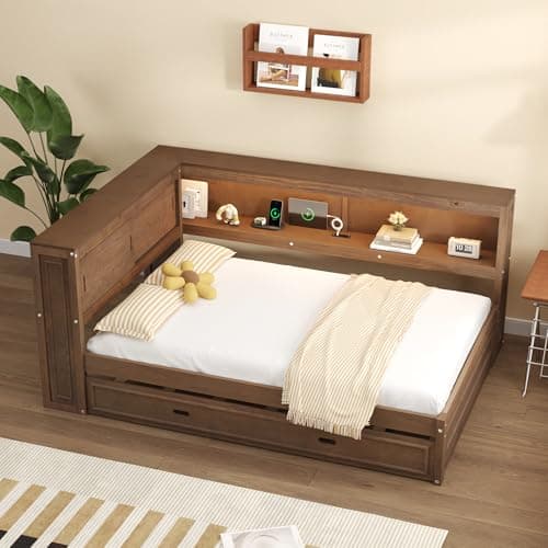 Full Size L-Shaped Floor Bed with Storage, Charging Station, & LED Headboard