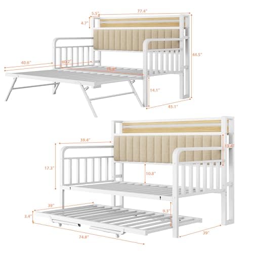 Daybed with Trundle and LED Light (White)  
Heavy Duty Metal Twin Bed Frame with Upholstered Storage Headboard (White)  
Day Bed Pop Up Trundle Bed Twin for Living Room (White)
