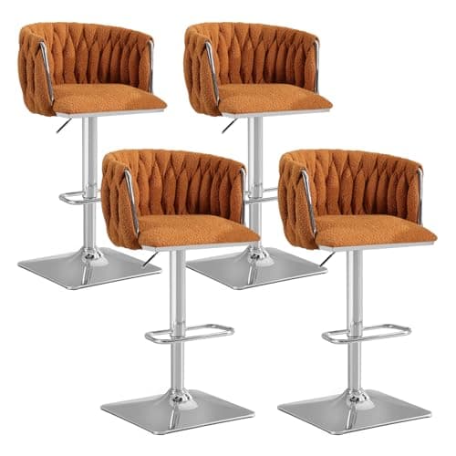 Antetek Modern Swivel Bar Stool Set, Adjustable Height, Woven Back, Silver Base, Blue Teddy