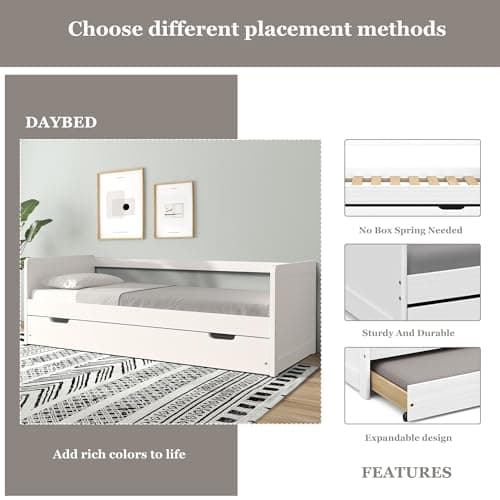 Modern Wood Daybed with Armrest and Trundle, White