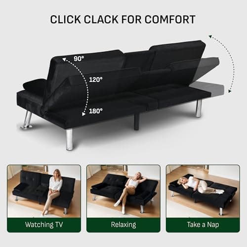 FLEXISPOT XCT3 Velvet Black Futon Sofa Bed USB Charging