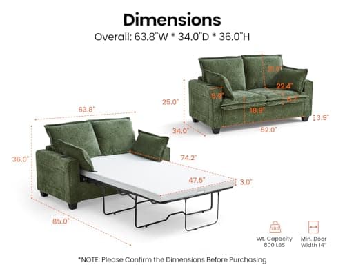 CHIC HOUSE 2-in-1 Pull-Out Sofa Bed, Chenille Memory Foam Couch